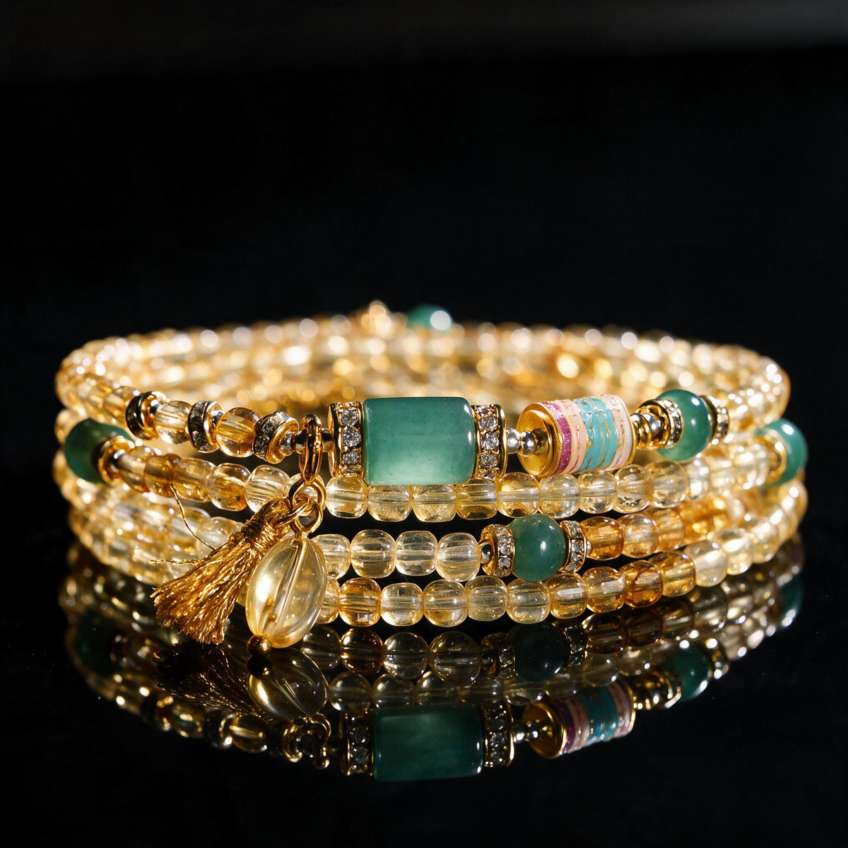 Citrine Crystal Layered Bracelet — Gold Heart Charm & Natural Stone Healing Jewelry