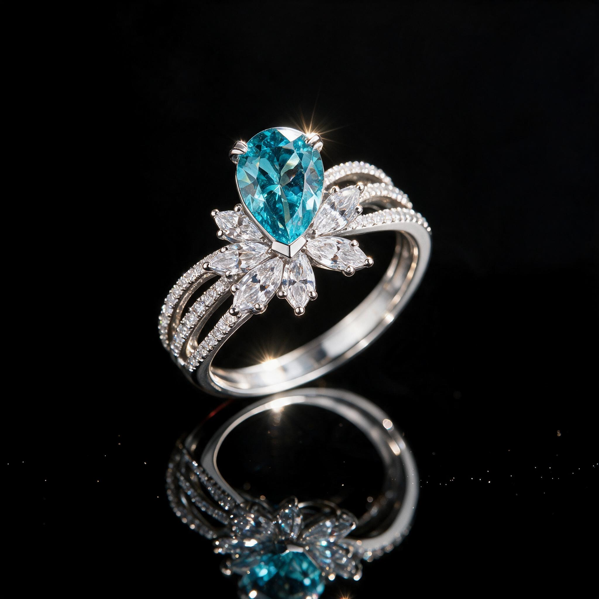 Sterling Silver Floral Vintage Ring with Pear-Cut Tourmaline Gemstone