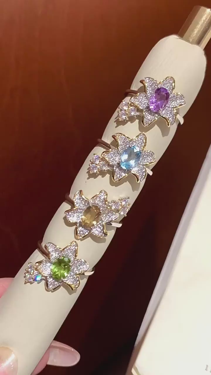 Oval Cut Birthstone Ring - Silver Flower Shaped Natural Crystal Jewelry